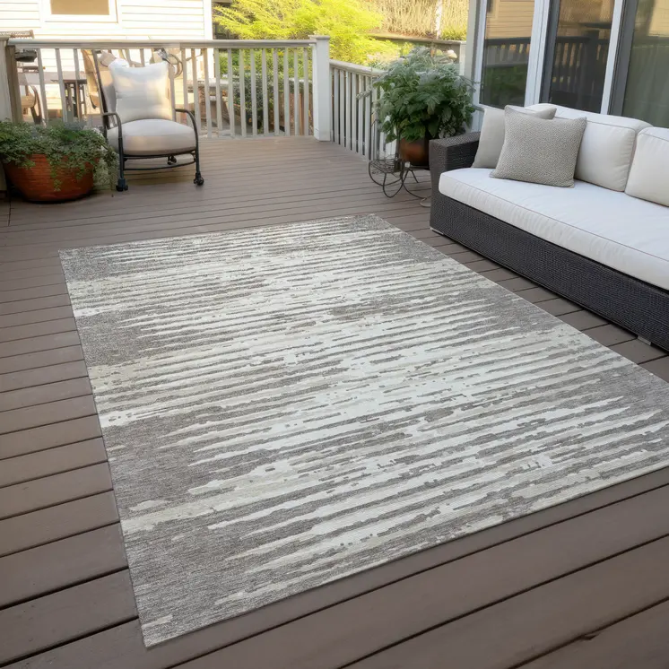 5' X 8' Taupe And Ivory Striped Washable Indoor Outdoor Area Rug
