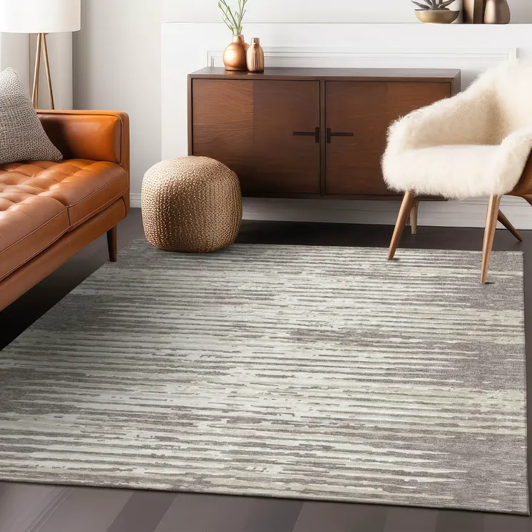 5' X 8' Taupe And Ivory Striped Washable Indoor Outdoor Area Rug