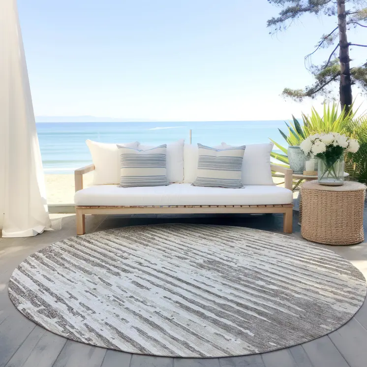 8' Taupe And Ivory Round Striped Washable Indoor Outdoor Area Rug