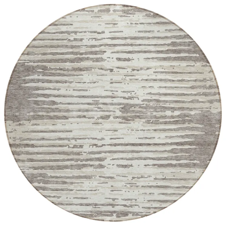 8' Taupe And Ivory Round Striped Washable Indoor Outdoor Area Rug