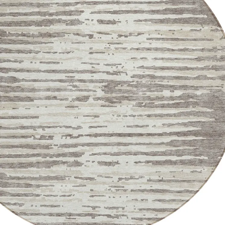 8' Taupe And Ivory Round Striped Washable Indoor Outdoor Area Rug