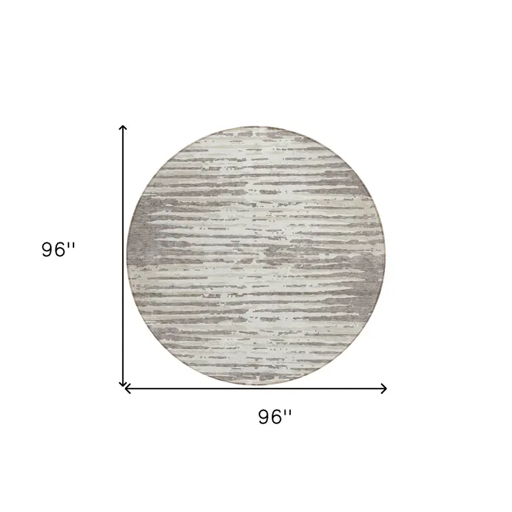 8' Taupe And Ivory Round Striped Washable Indoor Outdoor Area Rug