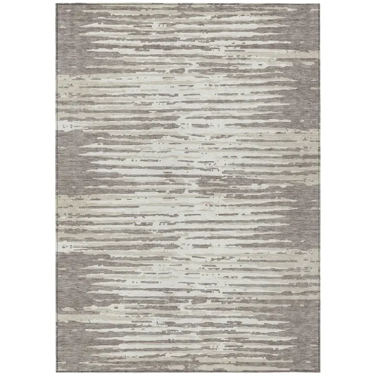 9' X 12' Taupe And Ivory Striped Washable Indoor Outdoor Area Rug