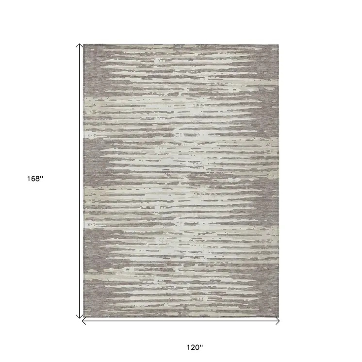 10' X 14' Taupe And Ivory Striped Washable Indoor Outdoor Area Rug