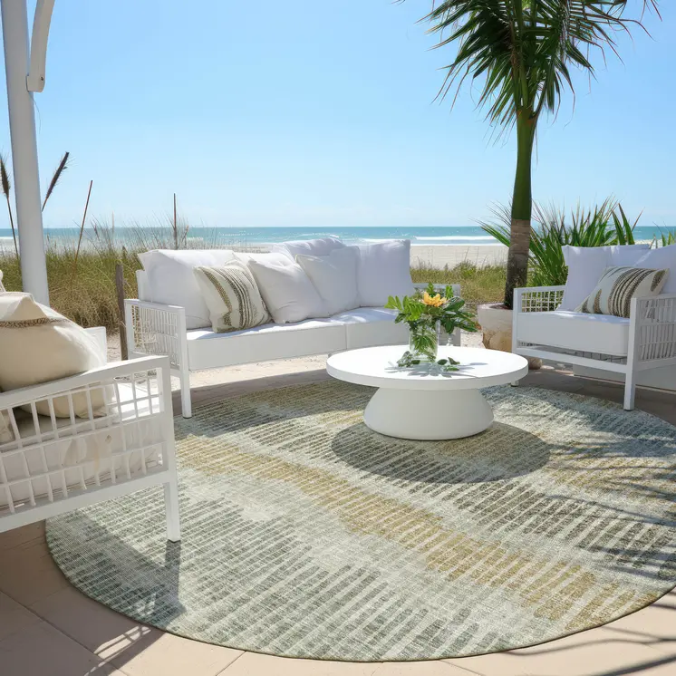 8' Beige Brown And Gray Round Striped Washable Indoor Outdoor Area Rug