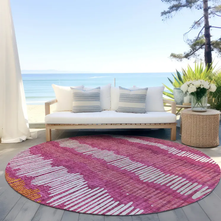 8' Blush Ivory And Brown Round Striped Washable Indoor Outdoor Area Rug