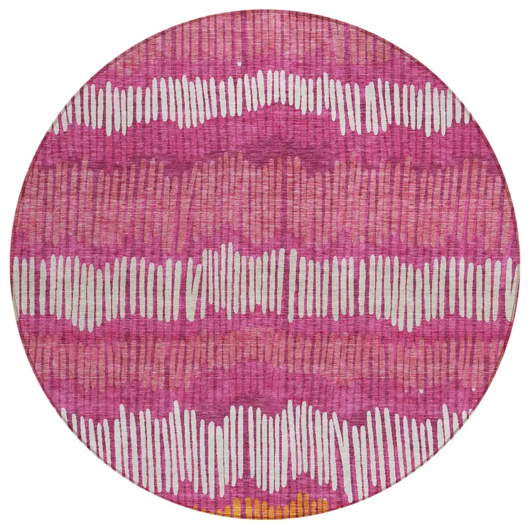 8' Blush Ivory And Brown Round Striped Washable Indoor Outdoor Area Rug