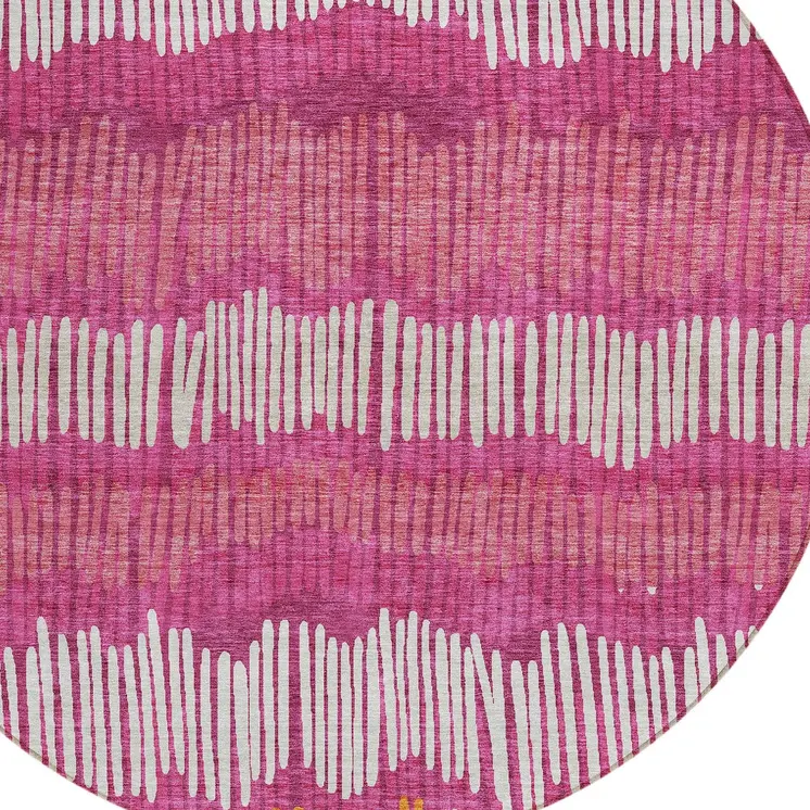 8' Blush Ivory And Brown Round Striped Washable Indoor Outdoor Area Rug