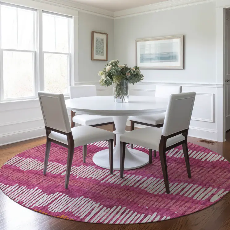 8' Blush Ivory And Brown Round Striped Washable Indoor Outdoor Area Rug