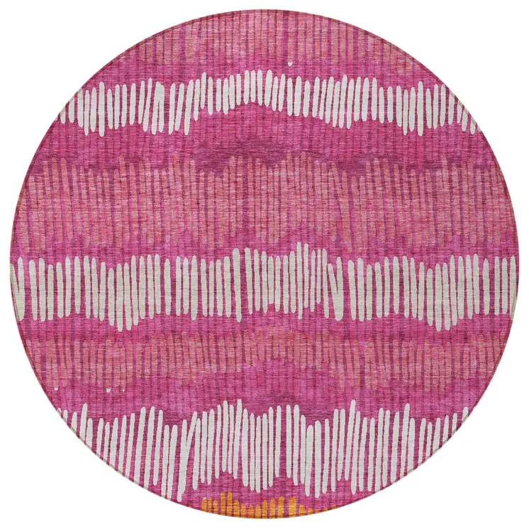 8' Blush Ivory And Brown Round Striped Washable Indoor Outdoor Area Rug