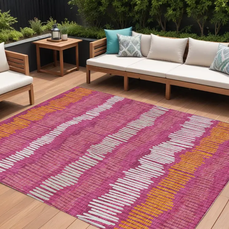 10' X 14' Blush Ivory And Brown Striped Washable Indoor Outdoor Area Rug