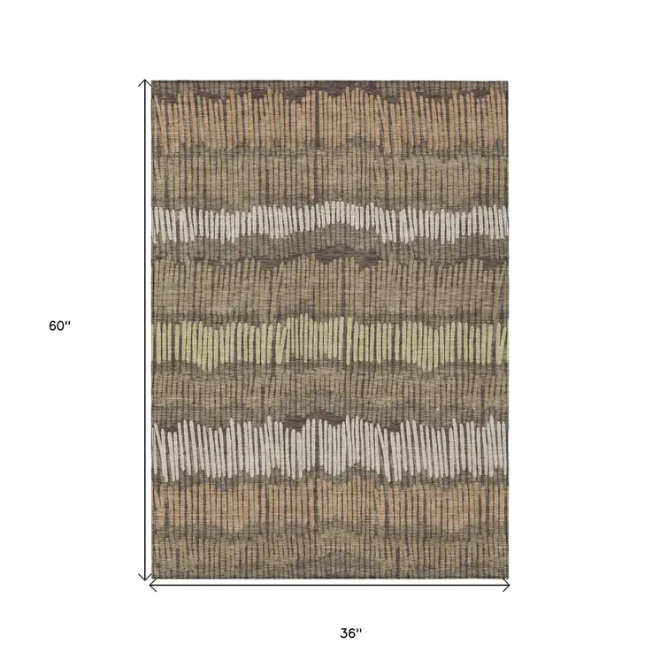 3' X 5' Brown And Dark Green Striped Washable Indoor Outdoor Area Rug