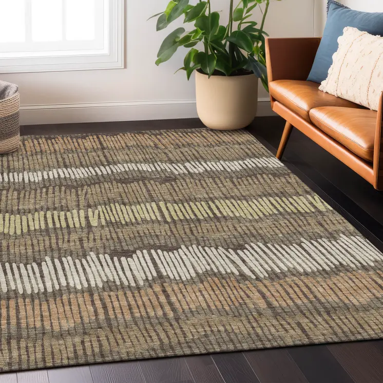 3' X 5' Brown And Dark Green Striped Washable Indoor Outdoor Area Rug