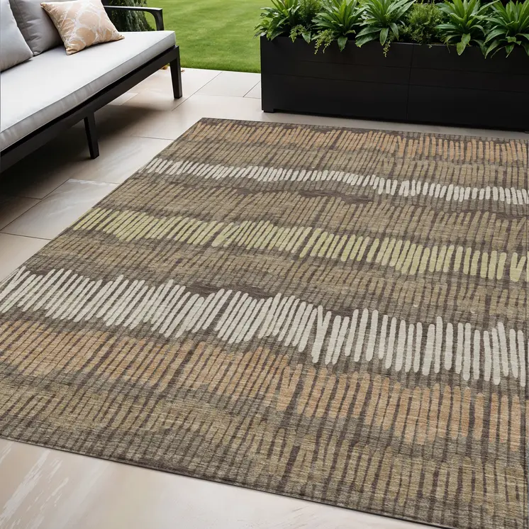 5' X 8' Brown And Dark Green Striped Washable Indoor Outdoor Area Rug