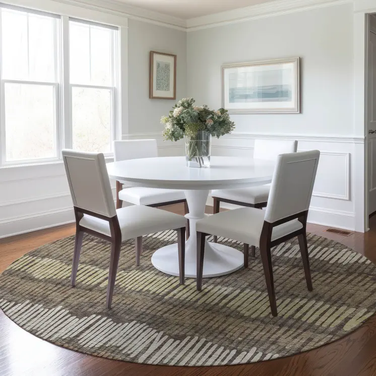 8' Brown And Dark Green Round Striped Washable Indoor Outdoor Area Rug