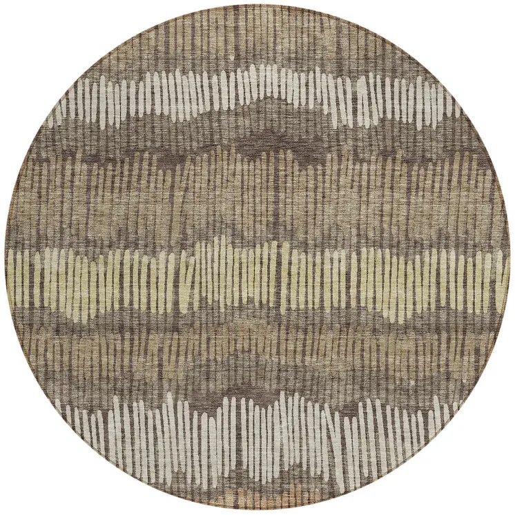 8' Brown And Dark Green Round Striped Washable Indoor Outdoor Area Rug