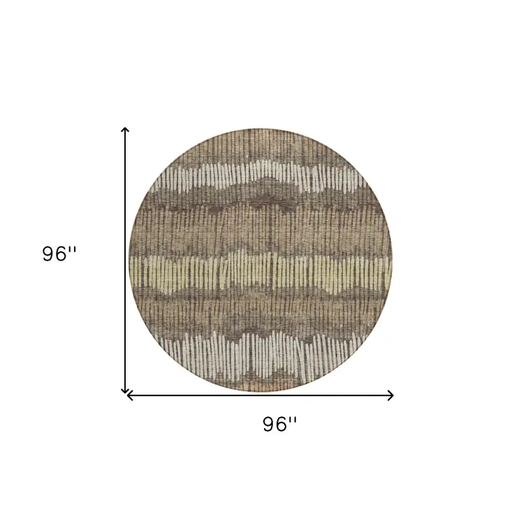 8' Brown And Dark Green Round Striped Washable Indoor Outdoor Area Rug