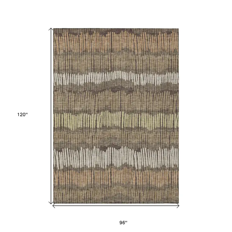 8' X 10' Brown And Dark Green Striped Washable Indoor Outdoor Area Rug