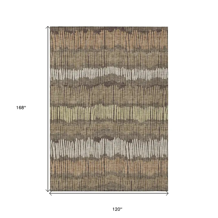 10' X 14' Brown And Dark Green Striped Washable Indoor Outdoor Area Rug