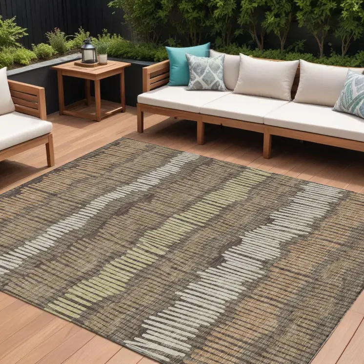 10' X 14' Brown And Dark Green Striped Washable Indoor Outdoor Area Rug