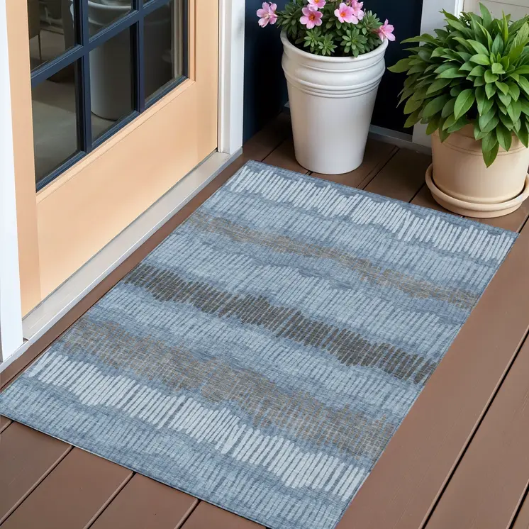 3' X 5' Blue Black And Gray Striped Washable Indoor Outdoor Area Rug