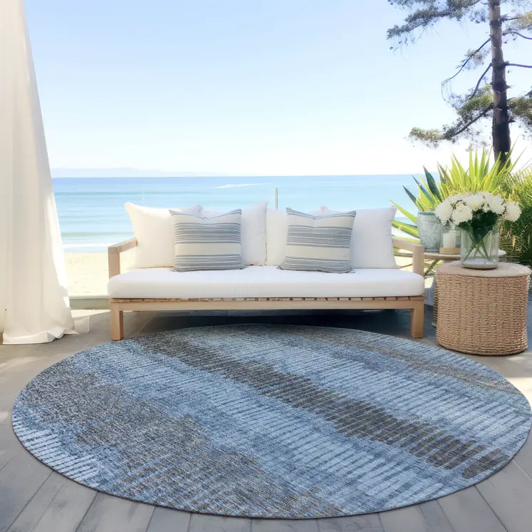 8' Blue Black And Gray Round Striped Washable Indoor Outdoor Area Rug