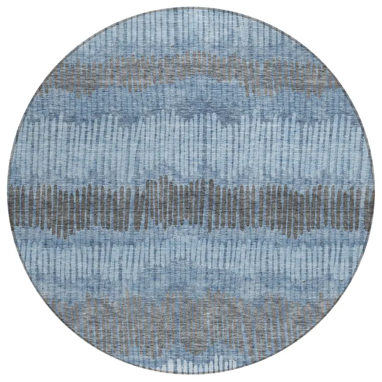 8' Blue Black And Gray Round Striped Washable Indoor Outdoor Area Rug