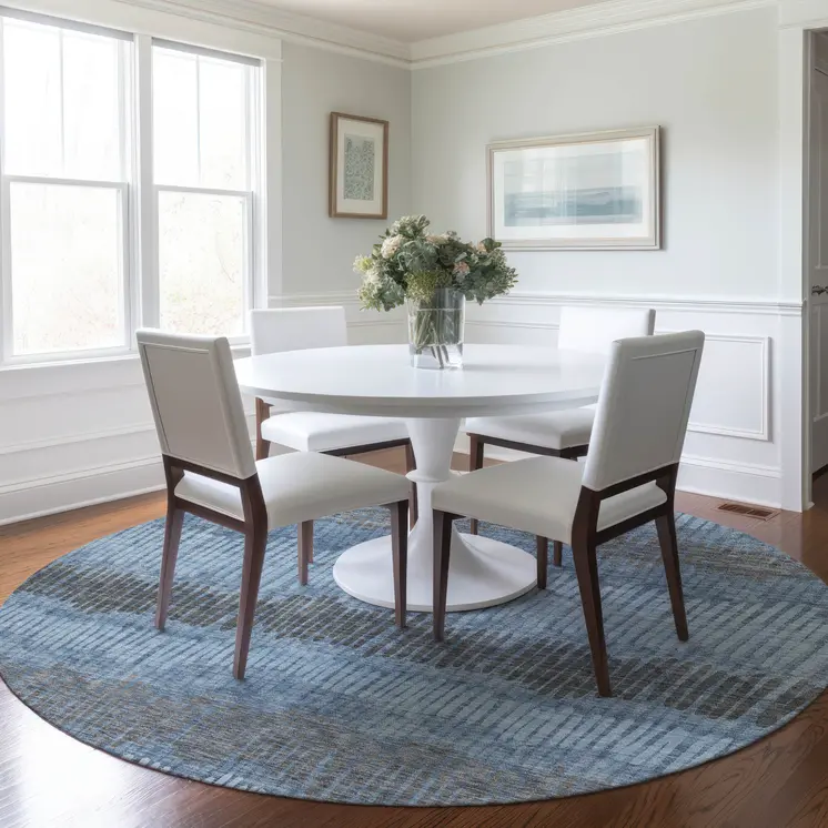 8' Blue Black And Gray Round Striped Washable Indoor Outdoor Area Rug