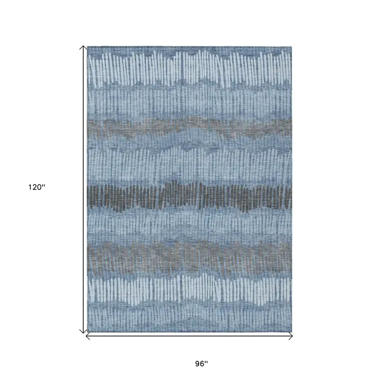 8' X 10' Blue Black And Gray Striped Washable Indoor Outdoor Area Rug