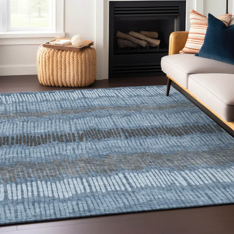 8' X 10' Blue Black And Gray Striped Washable Indoor Outdoor Area Rug