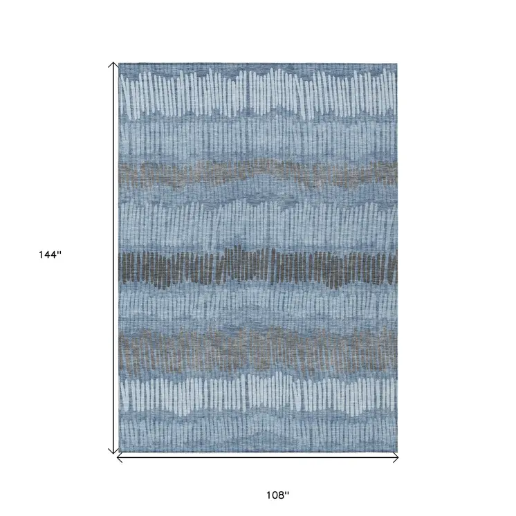 9' X 12' Blue Black And Gray Striped Washable Indoor Outdoor Area Rug