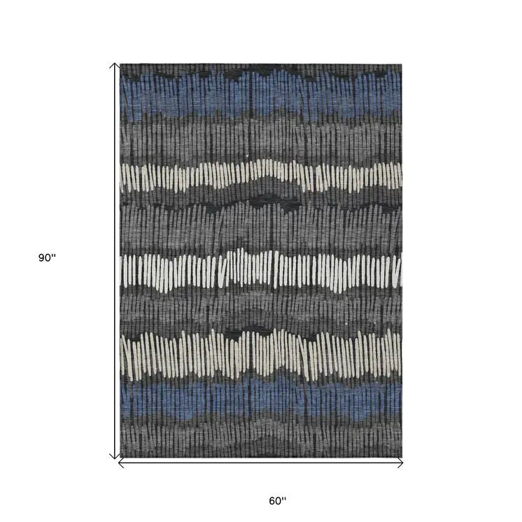 5' X 8' Charcoal Blue And Ivory Striped Washable Indoor Outdoor Area Rug