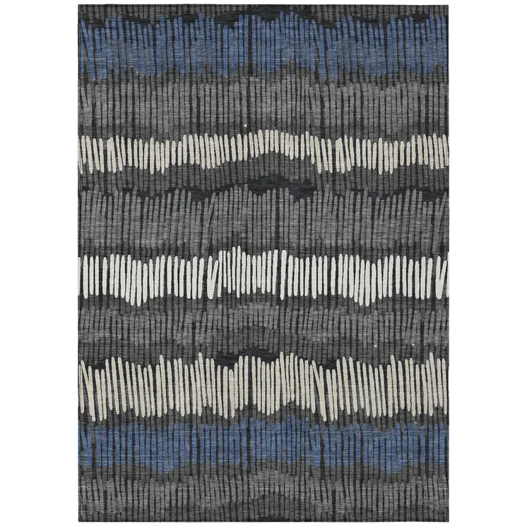 5' X 8' Charcoal Blue And Ivory Striped Washable Indoor Outdoor Area Rug
