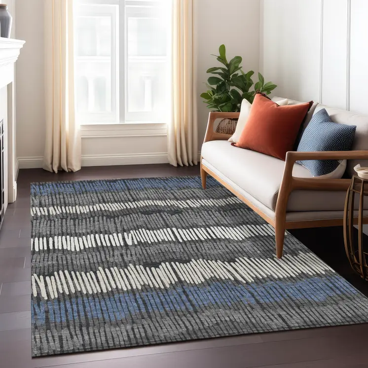 5' X 8' Charcoal Blue And Ivory Striped Washable Indoor Outdoor Area Rug