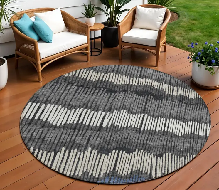 8' Charcoal Blue And Ivory Round Striped Washable Indoor Outdoor Area Rug
