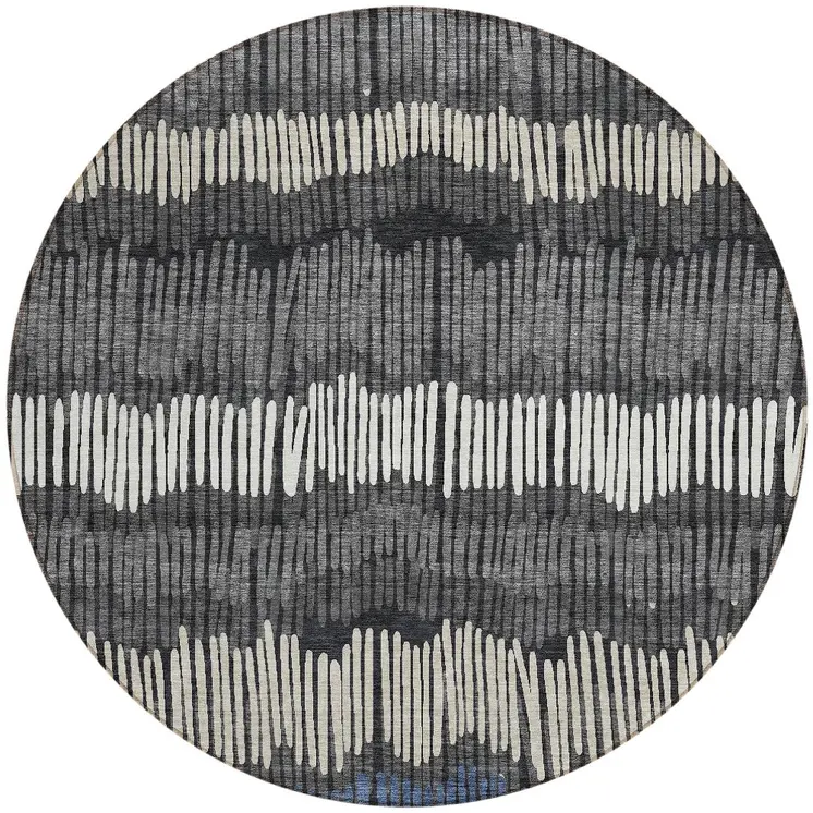 8' Charcoal Blue And Ivory Round Striped Washable Indoor Outdoor Area Rug