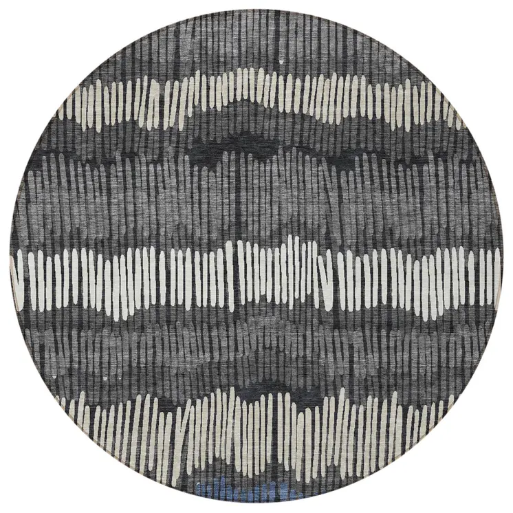 8' Charcoal Blue And Ivory Round Striped Washable Indoor Outdoor Area Rug