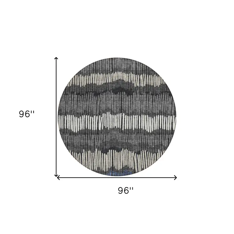 8' Charcoal Blue And Ivory Round Striped Washable Indoor Outdoor Area Rug