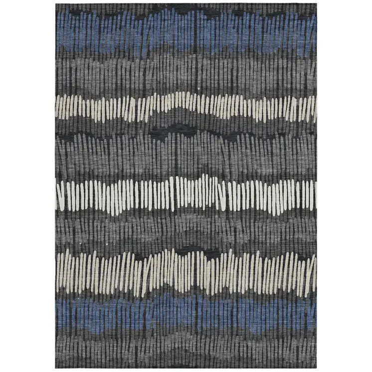 8' X 10' Charcoal Blue And Ivory Striped Washable Indoor Outdoor Area Rug