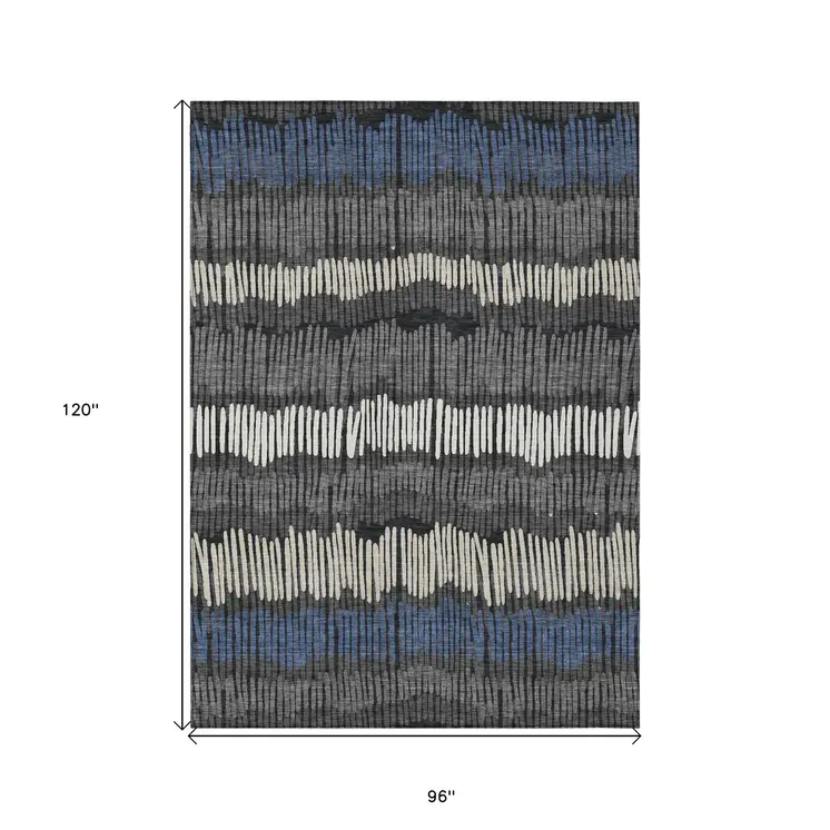 8' X 10' Charcoal Blue And Ivory Striped Washable Indoor Outdoor Area Rug