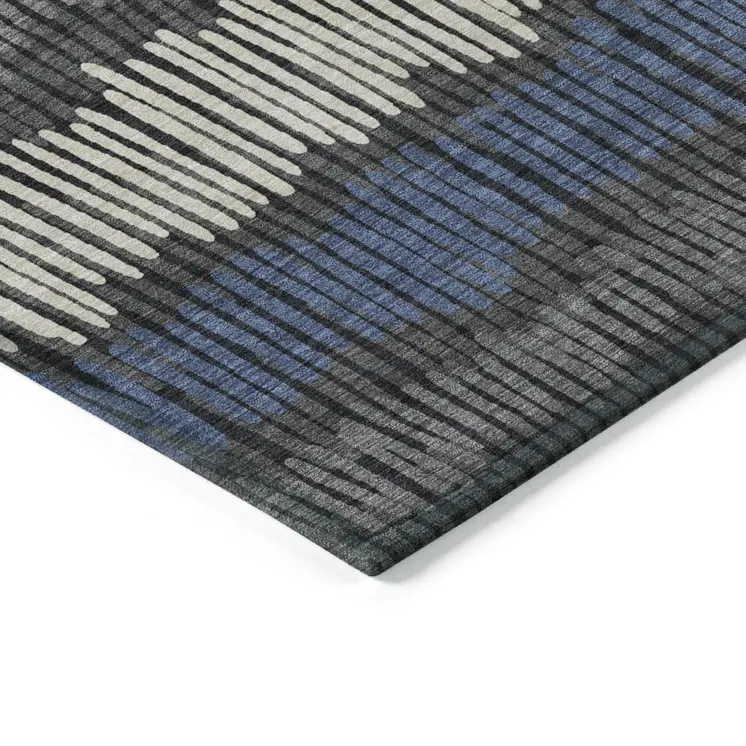 8' X 10' Charcoal Blue And Ivory Striped Washable Indoor Outdoor Area Rug