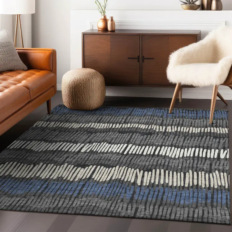 8' X 10' Charcoal Blue And Ivory Striped Washable Indoor Outdoor Area Rug