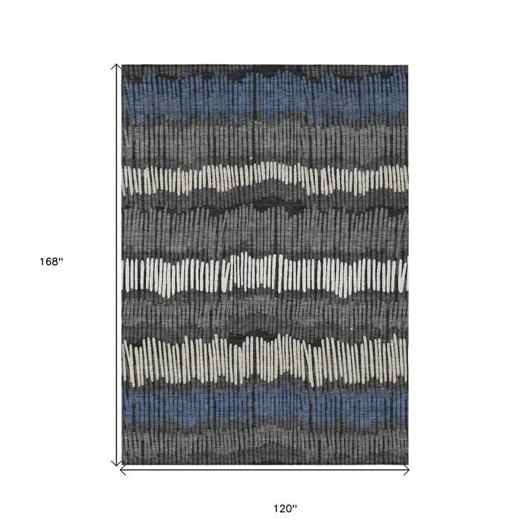 10' X 14' Charcoal Blue And Ivory Striped Washable Indoor Outdoor Area Rug