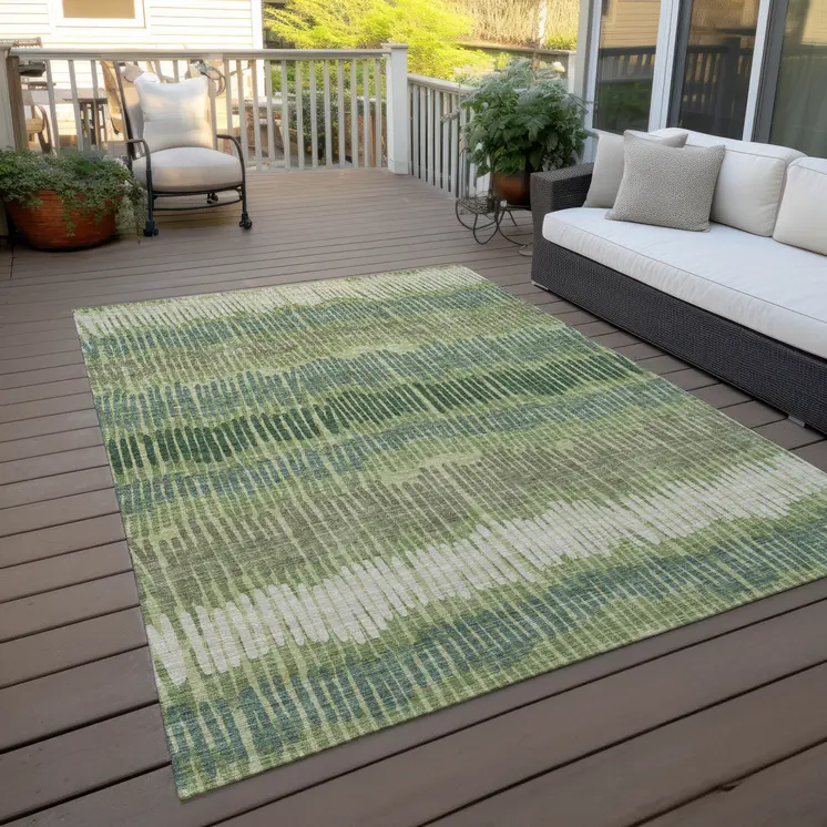 5' X 8' Green Gray And Ivory Striped Washable Indoor Outdoor Area Rug