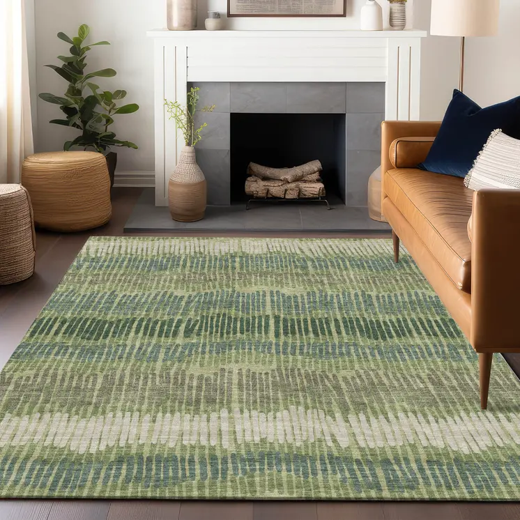 5' X 8' Green Gray And Ivory Striped Washable Indoor Outdoor Area Rug