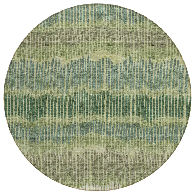 8' Green Gray And Ivory Round Striped Washable Indoor Outdoor Area Rug
