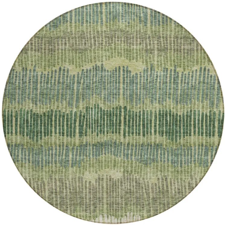 8' Green Gray And Ivory Round Striped Washable Indoor Outdoor Area Rug