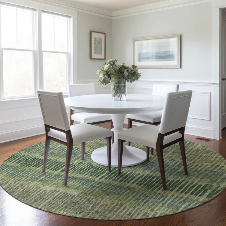 8' Green Gray And Ivory Round Striped Washable Indoor Outdoor Area Rug