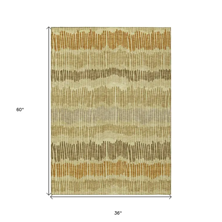 3' X 5' Gold Brown And Gray Striped Washable Indoor Outdoor Area Rug