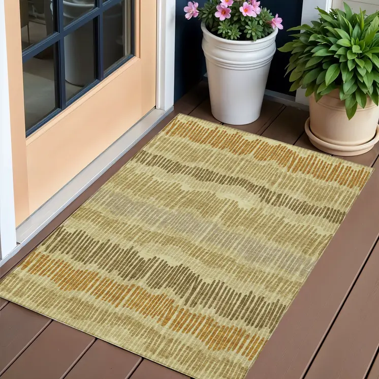 3' X 5' Gold Brown And Gray Striped Washable Indoor Outdoor Area Rug